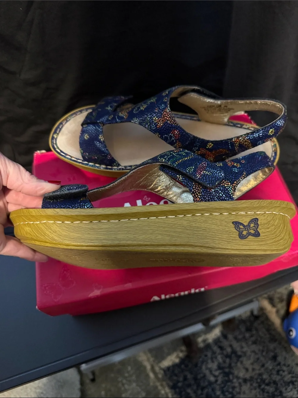 Alegria Blue Mosaic Platform Sandals with Yellow Platform